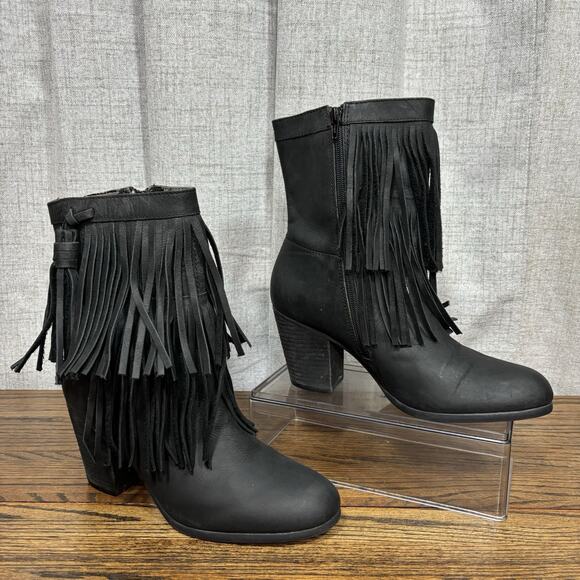 Mossimo Supply Co Black Fringe Leather Ankle Boots Women’s 10B Western Boho - Picture 1 of 8